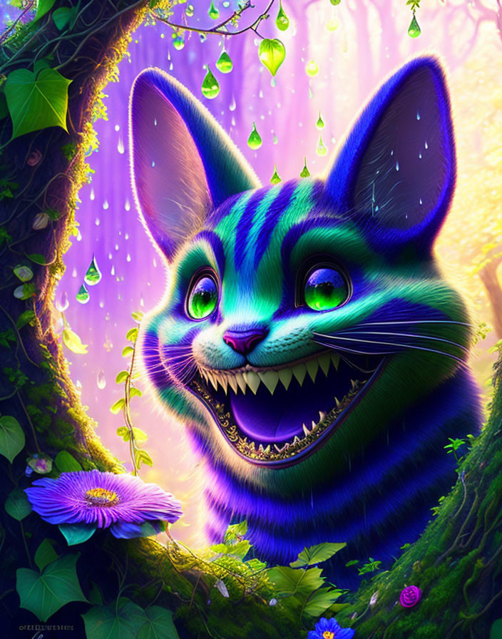 Colorful Cheshire Cat Illustration in Enchanted Forest Setting