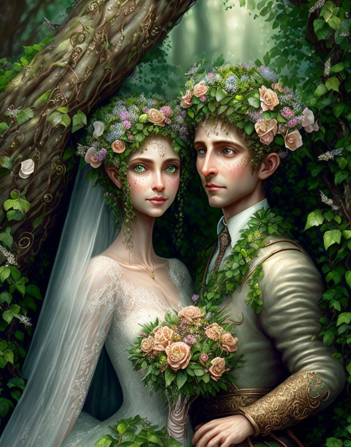 Illustrated bride and groom in woodland with flower crowns and elegant attire