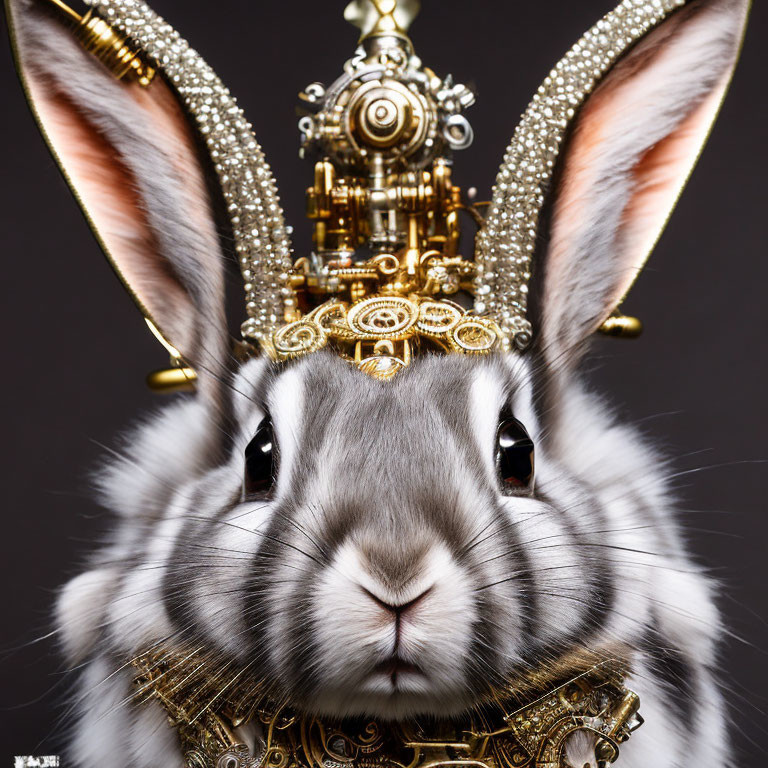 Steampunk-themed grey and white bunny portrait with golden mechanical headdress.