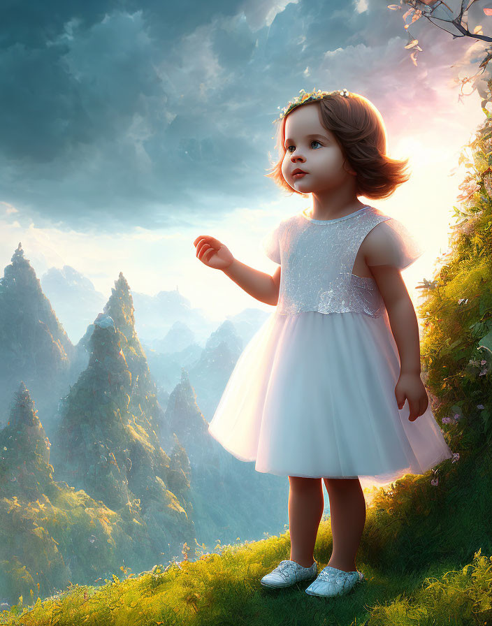 Young Girl in White Dress with Floral Headband in Fantasy Landscape at Sunset