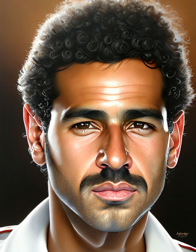 Man with Curly Hair, Mustache, and Stubble in Soft Glow on Dark Background