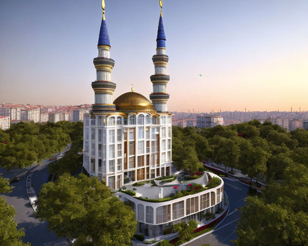 Modern Mosque with Dual Minarets and Golden Dome in Urban Setting