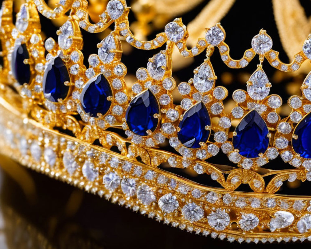 Golden Tiara with Diamonds and Blue Gemstones on Dark Background