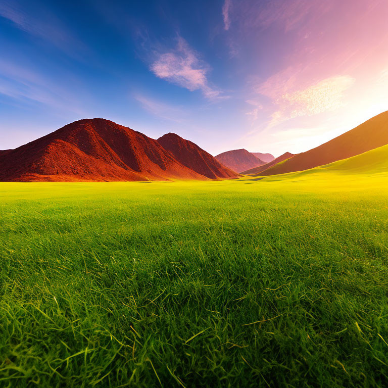 Lush Green Grass Field, Red Mountains, Sunset Sky Palette
