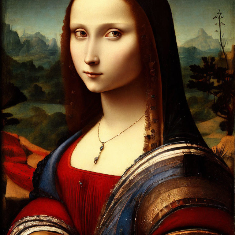 Enigmatic smile woman in blue and red garment with mountain landscape