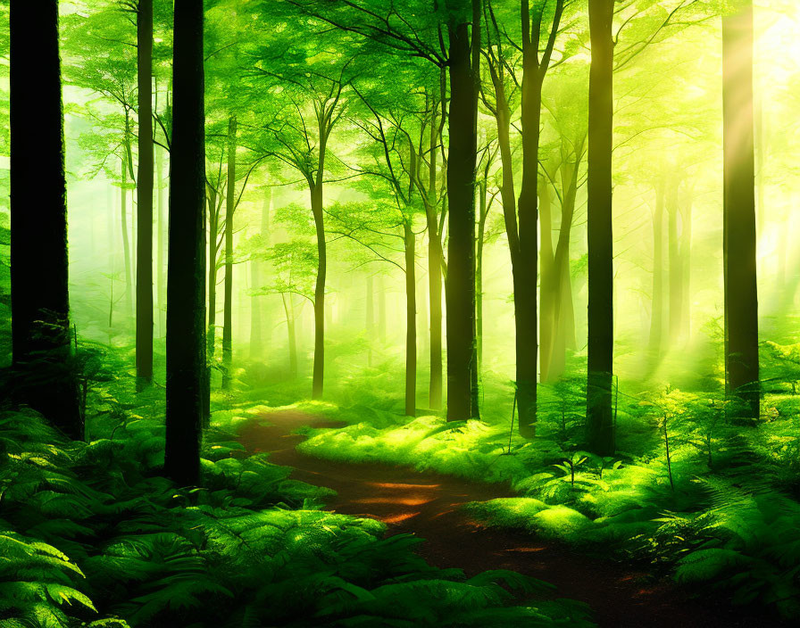 Sunlit Forest with Tall Trees and Winding Path in Vibrant Green Foliage