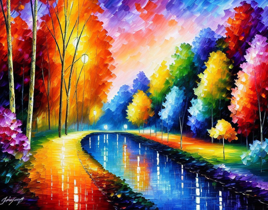 Colorful Impressionistic Painting of Tree-Lined Path by Reflective Water