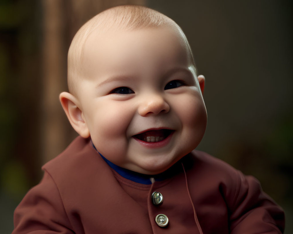 Smiling baby in maroon jacket against nature backdrop