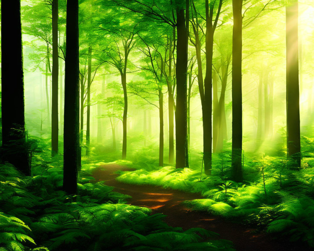 Sunlit Forest with Tall Trees and Winding Path in Vibrant Green Foliage