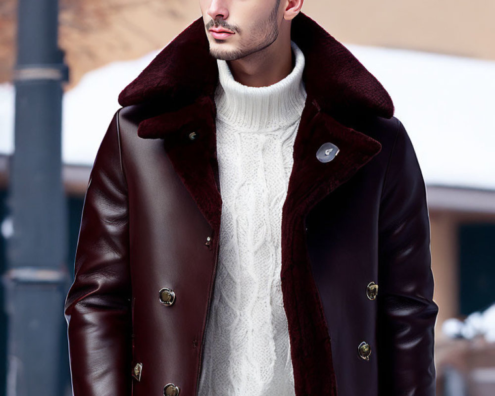 Fashionable Man in Winter Outfit with White Sweater and Brown Leather Coat