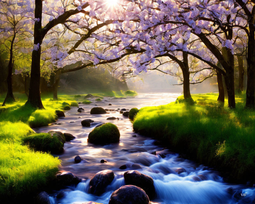Tranquil forest stream with cherry blossoms and greenery