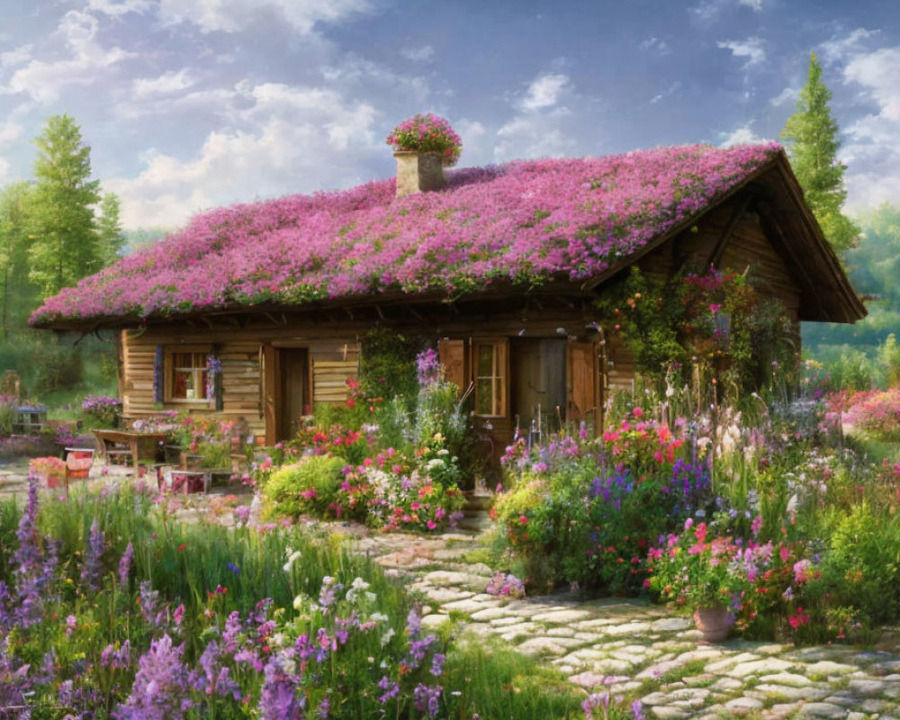 Charming wooden cottage with flower-covered roof in garden setting