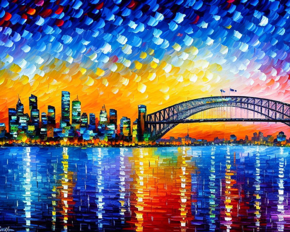 Vibrant city skyline painting at sunset with bridge over water