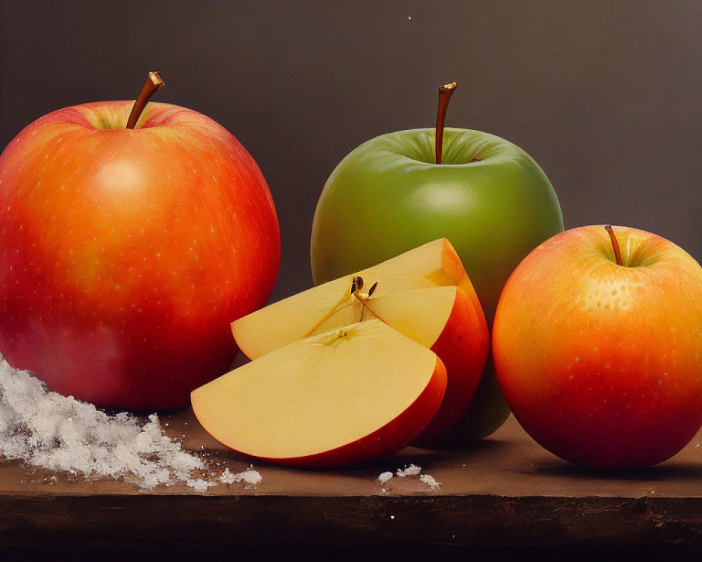 Fresh apples: one green, two red, one sliced, on dark surface with white powder.