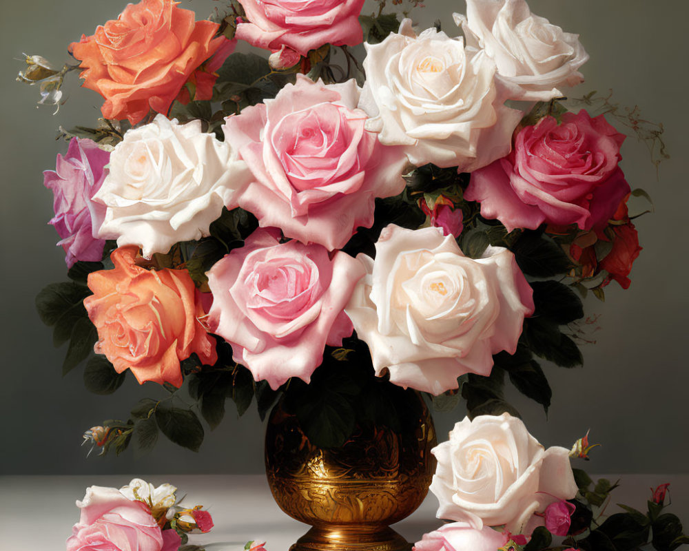 Multicolored rose bouquet in golden vase on neutral background