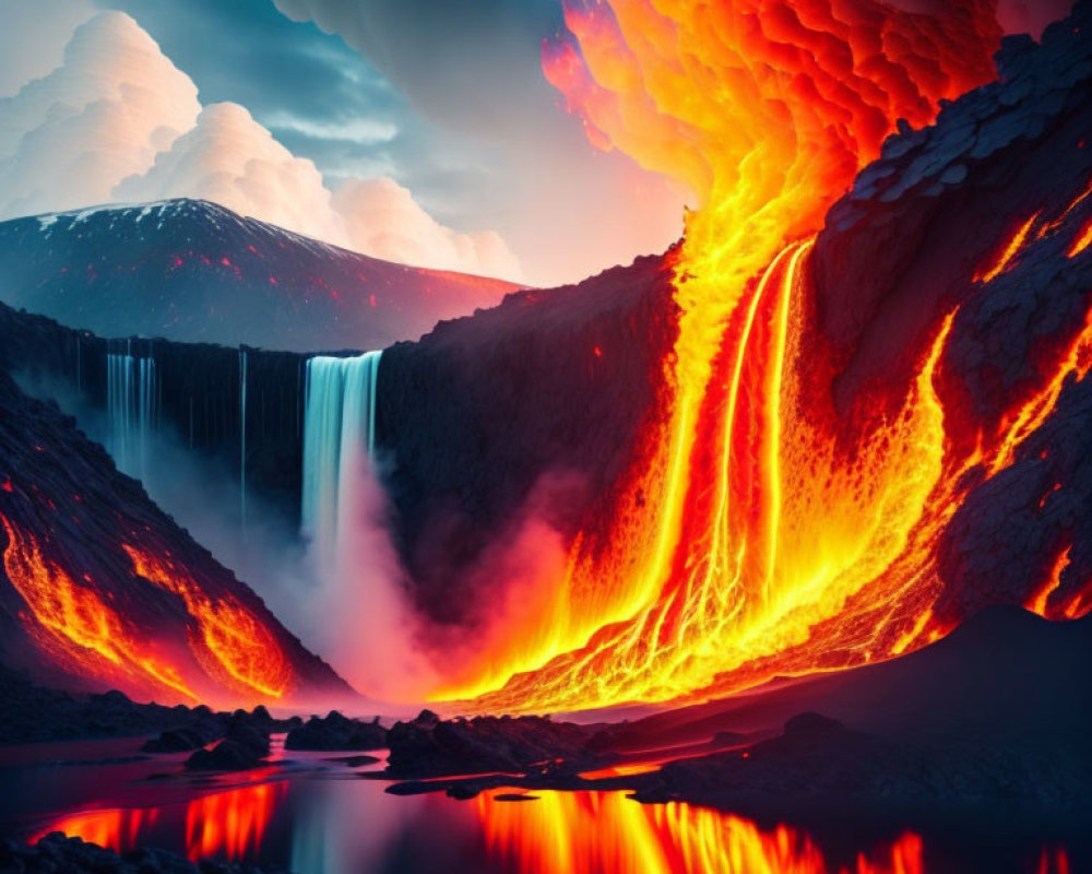 Volcanic eruption meets waterfall under dramatic sky