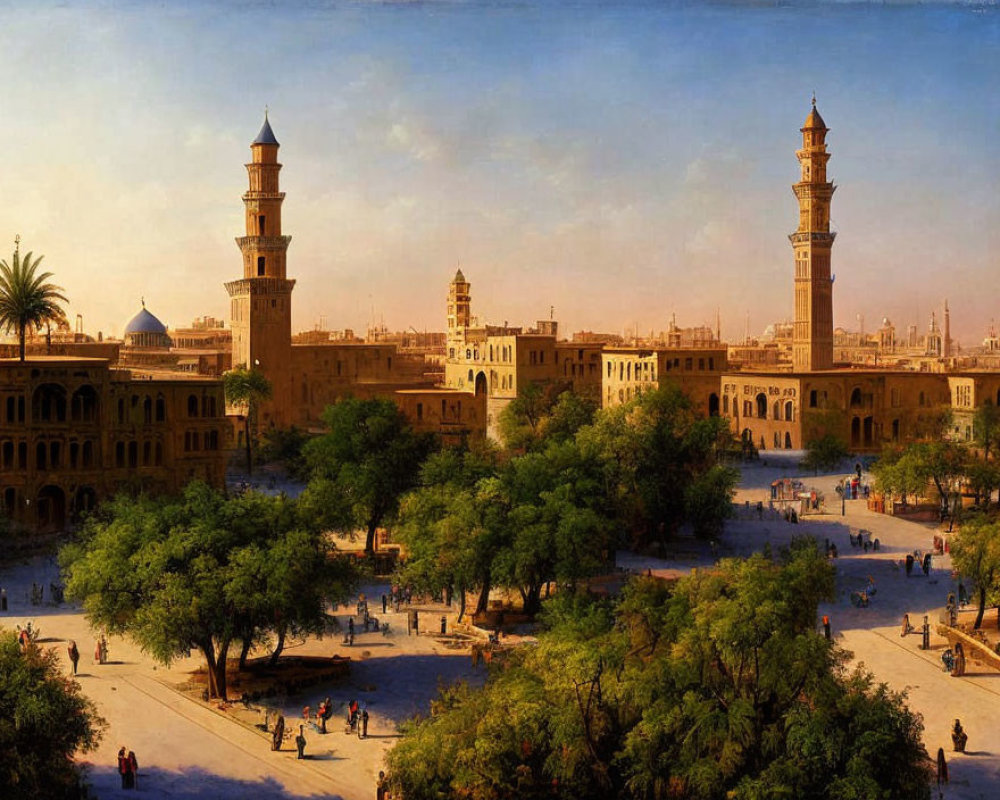 Historic square with bustling crowd, minarets, and golden sky