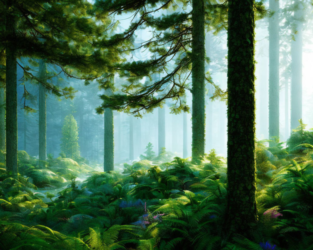 Lush evergreen forest with sunlight filtering through misty foliage