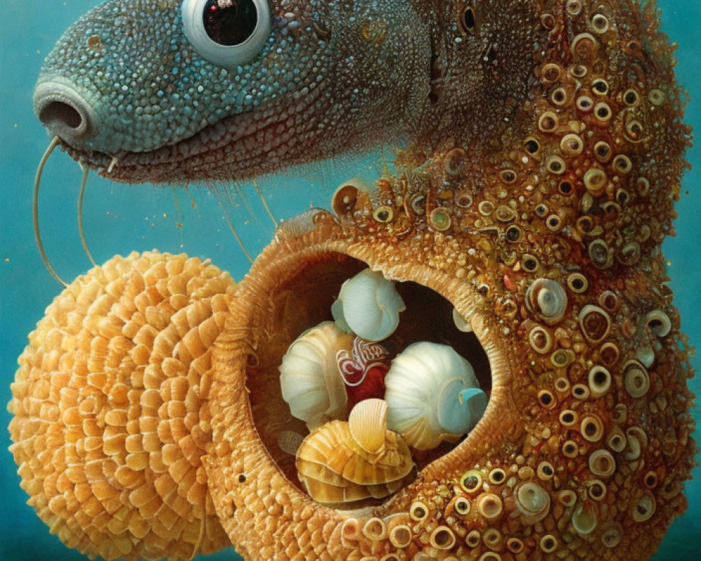 Detailed surreal fish art with textured patterns and coral spheres.