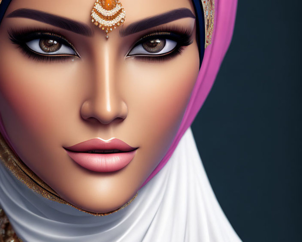 Close-up of woman with striking makeup, gold headpiece, colorful hijab on grey background
