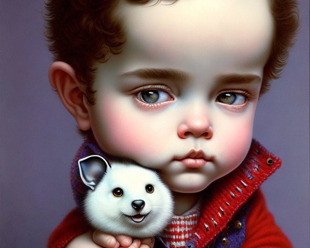 Child with expressive eyes holding white puppy in serene scene
