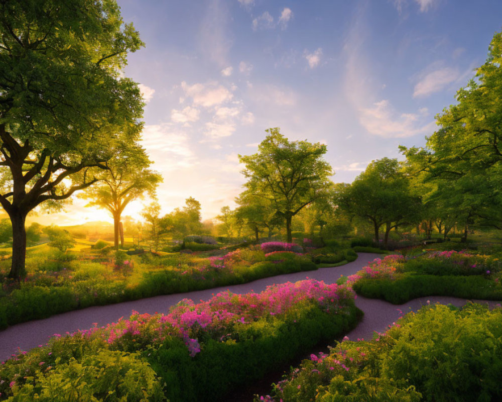 Tranquil garden path at sunrise with blooming flowers