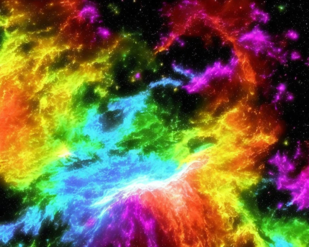 Multicolored abstract image with nebula-like patterns in red, yellow, green, blue, and