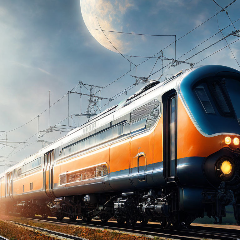 Modern train on tracks under dramatic sky with sunrise or sunset glow and large moon