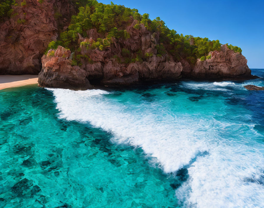 Scenic Tropical Beach with Turquoise Waters & Rocky Cliff