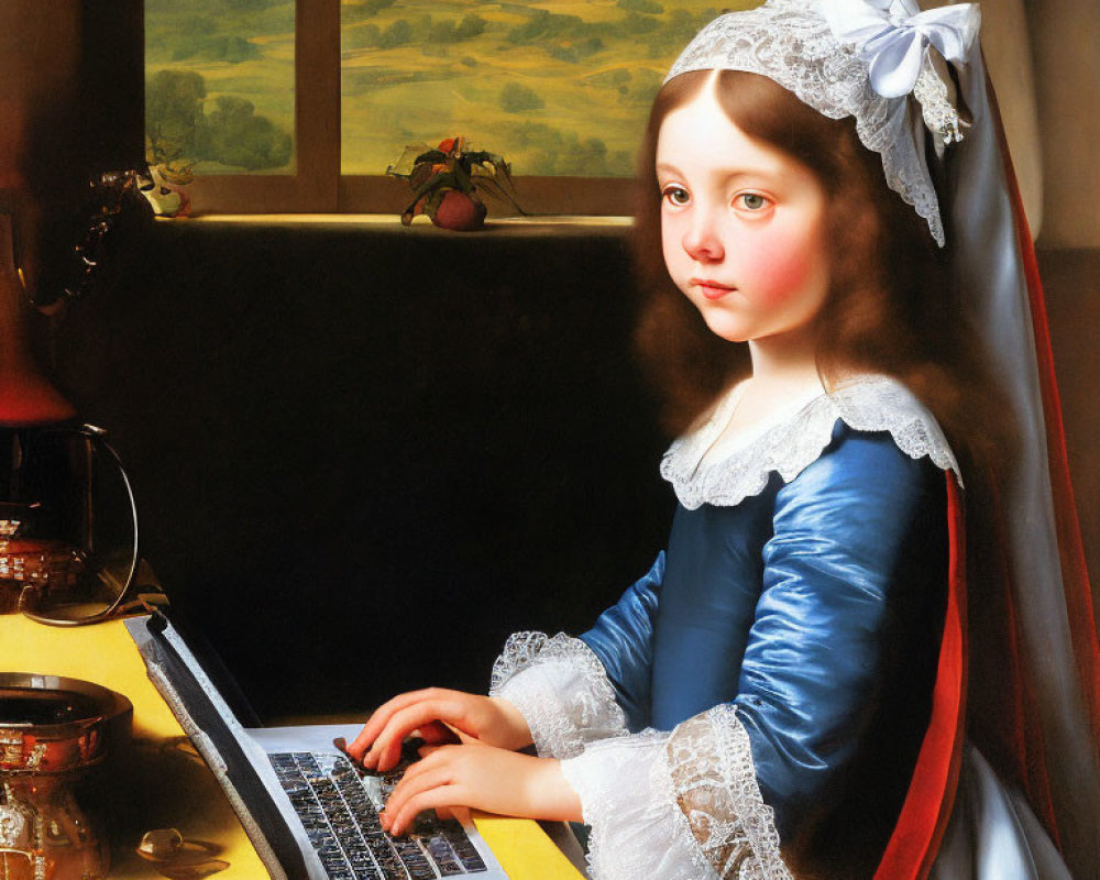 Young girl in period clothing with white bonnet typing on modern laptop against landscape backdrop