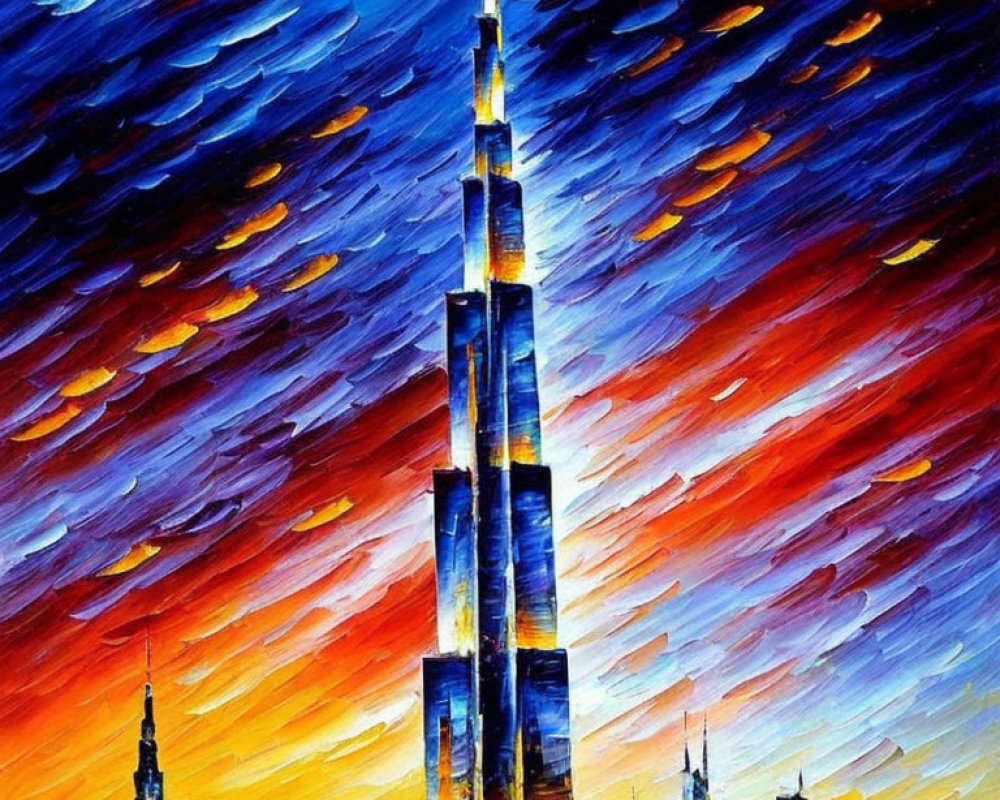 Colorful skyline painting with skyscraper against vibrant sky & streaked clouds