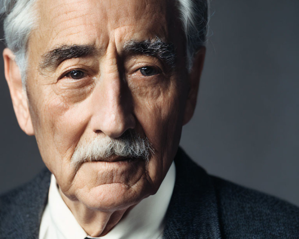 Elderly Man with Mustache in Suit and Tie on Gray Background