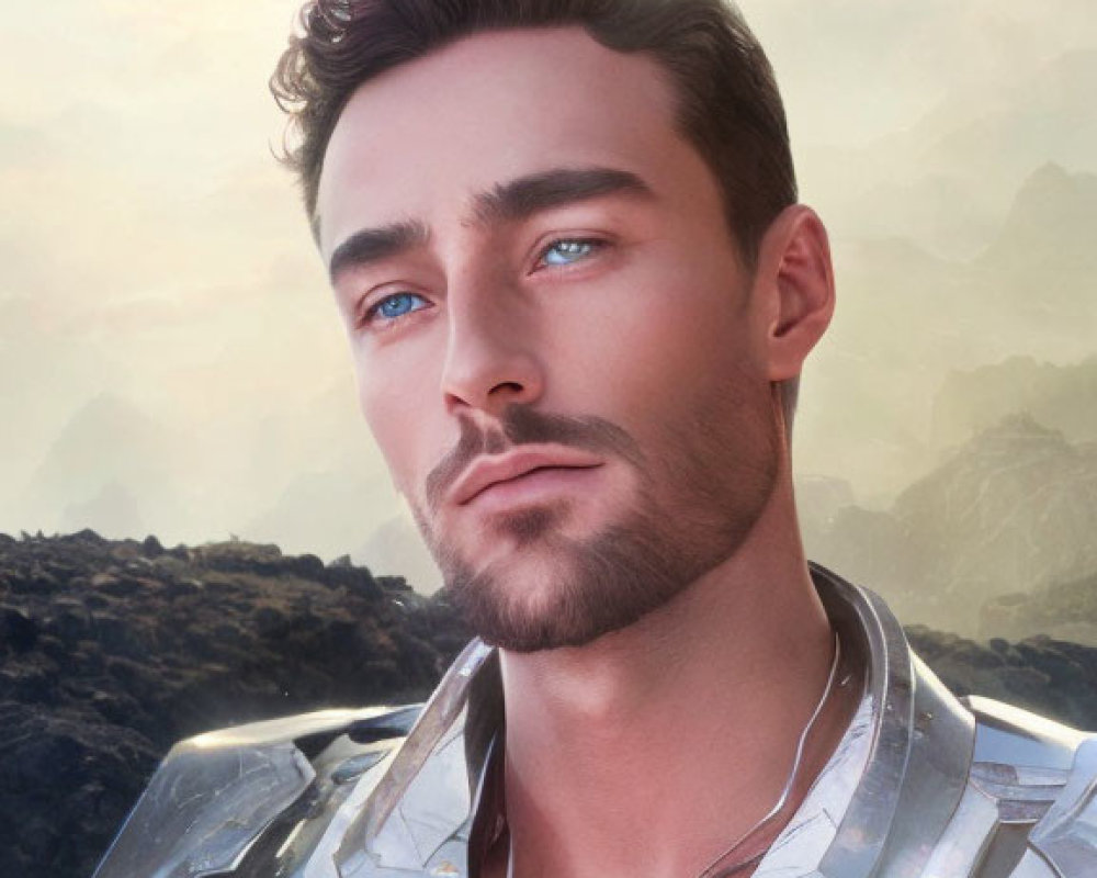 Man in silver futuristic armor with blue eyes against mountainous backdrop