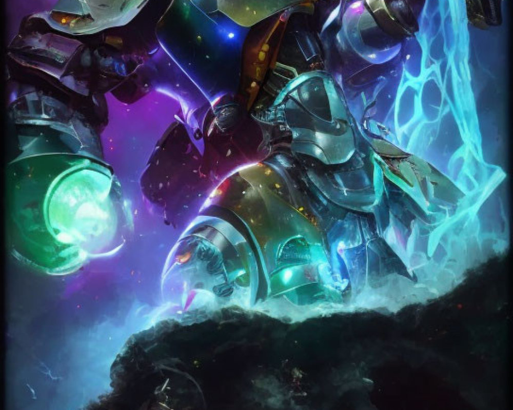 Glowing armored robot with energy spheres and sword in cosmic setting