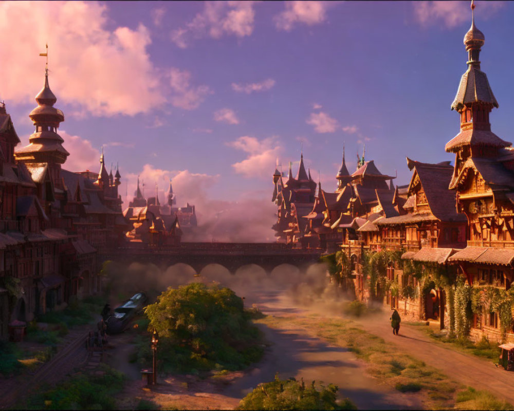 Rustic town with ornate buildings, stone bridge, and glowing sunset