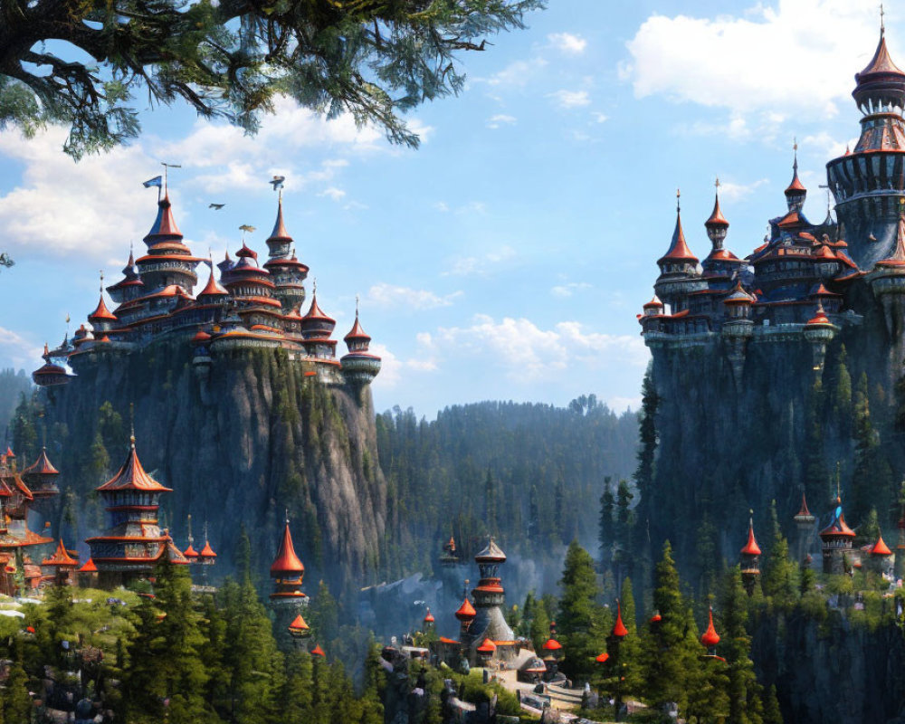 Fantasy castle on forested cliffs with flying creatures under a blue sky