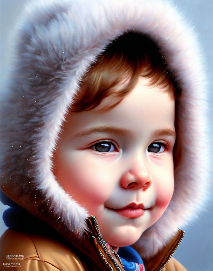 Portrait of young child in winter coat with fur trim and rosy cheeks