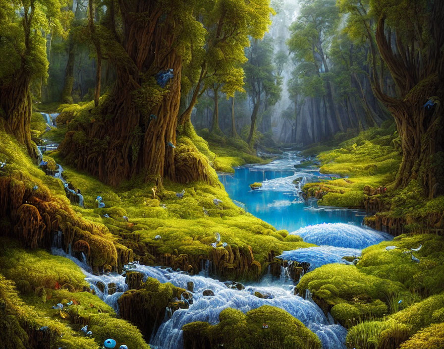 Serene Forest Scene with Moss, Trees, River, and Blue Birds