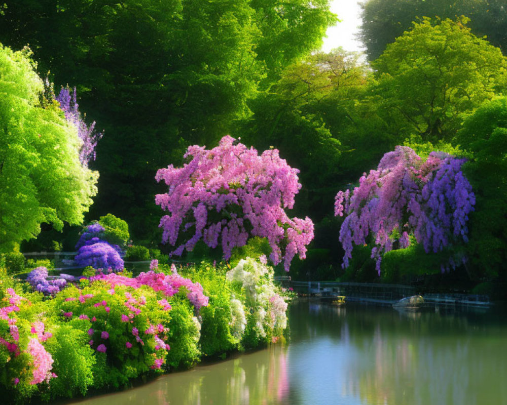 Vibrant pink blossoms and lush greenery in tranquil pond scene