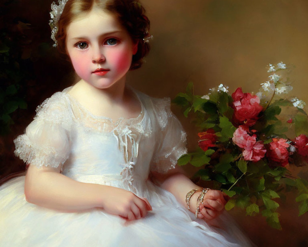 Young girl in white lace dress with pink roses bouquet and tiara on brown backdrop