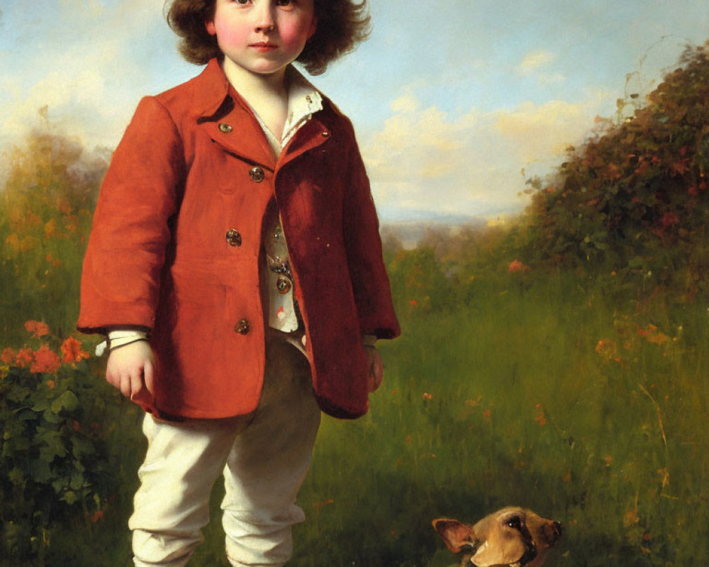 Vintage Painting: Young Child in Red Coat with Dog, Pastoral Background