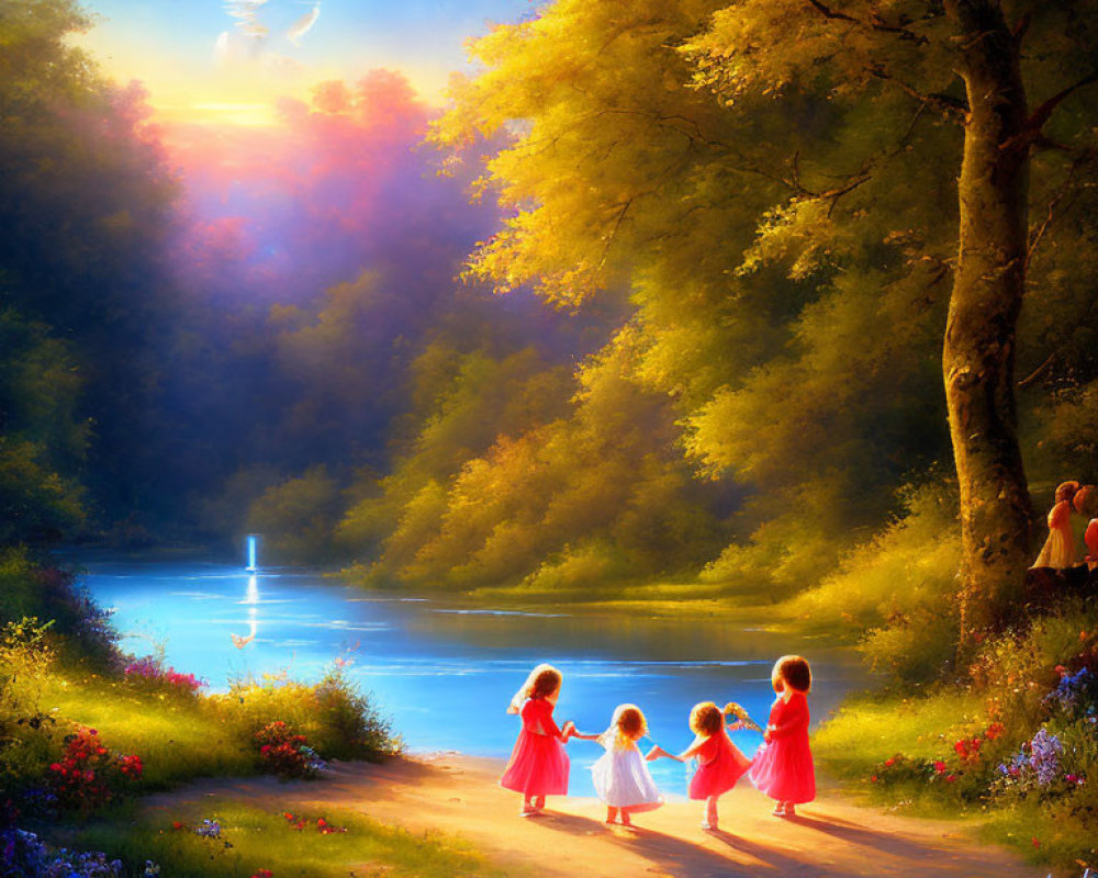 Tranquil landscape painting: Three children by river