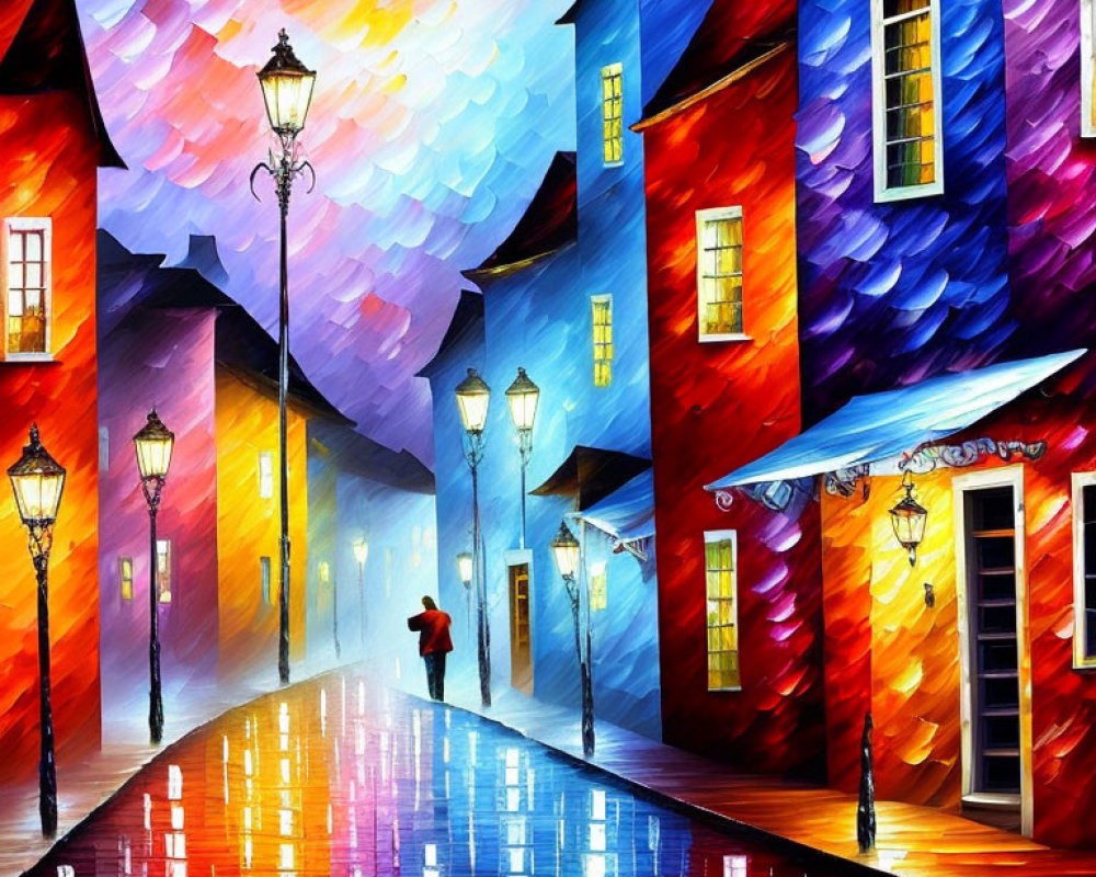 Impressionist-style painting of rainy street scene