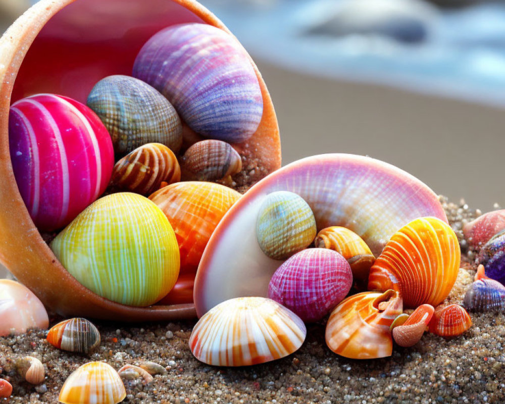 Vibrant Patterned Seashells Spilling on Sandy Beach