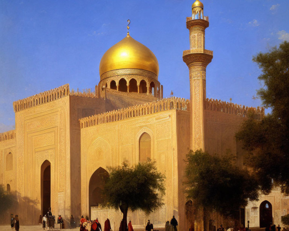 Golden dome and minaret adorn ornate mosque with traditional attire-clad people in courtyard
