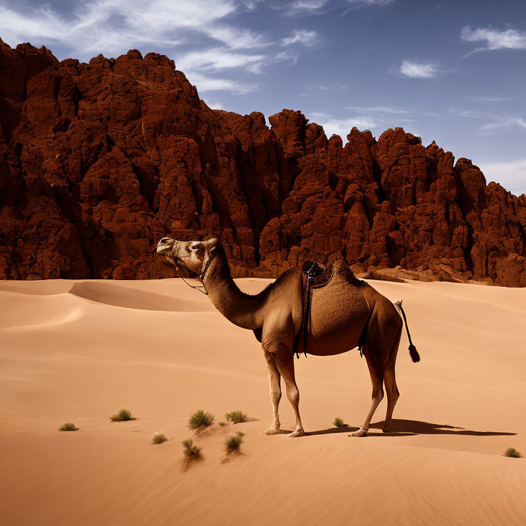 Camel on Sand Dunes with Rocky Hills Under Clear Blue Sky