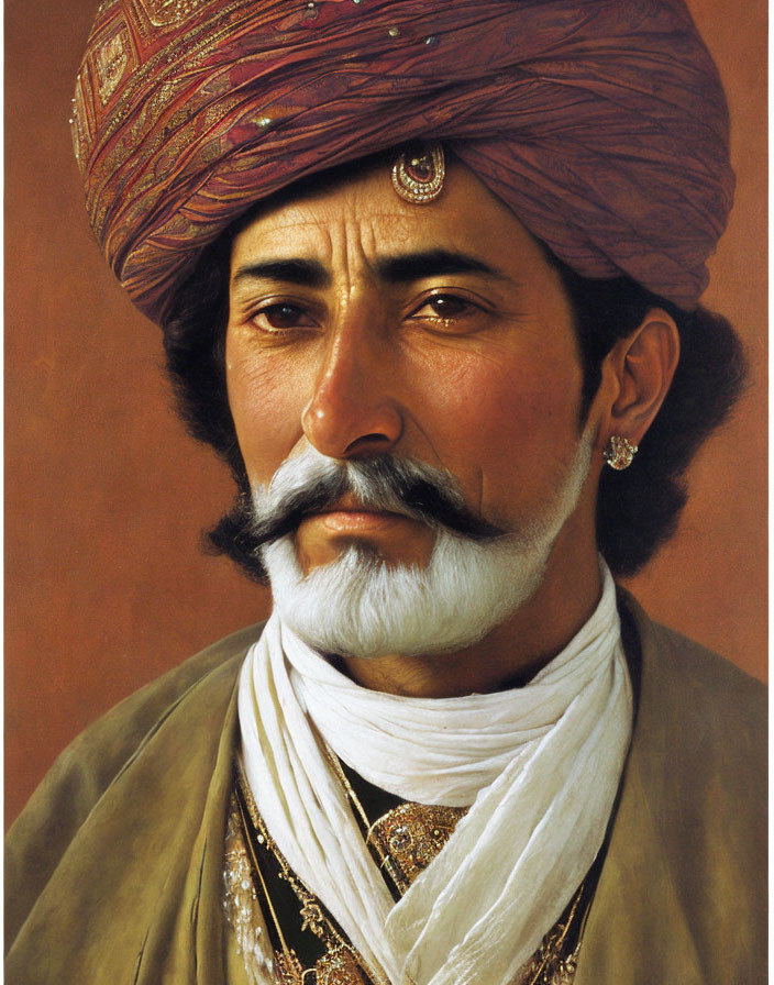 Prominent mustached man in jeweled turban and traditional attire