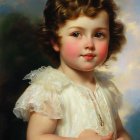 Child with Curly Hair in White Dress Against Cloudy Sky
