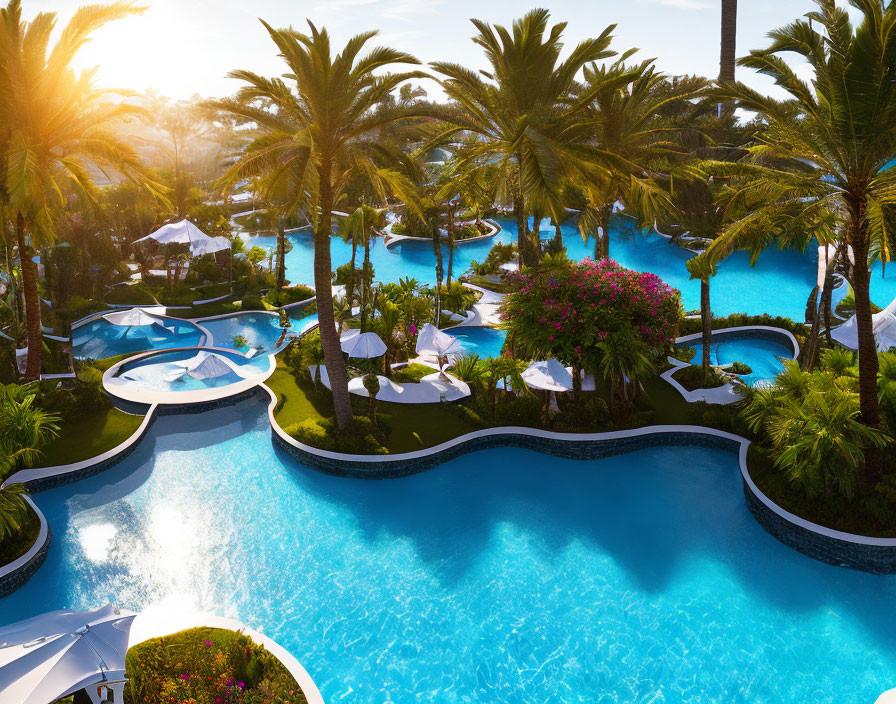 Luxurious Resort Pool with Palm Trees and Sun Loungers