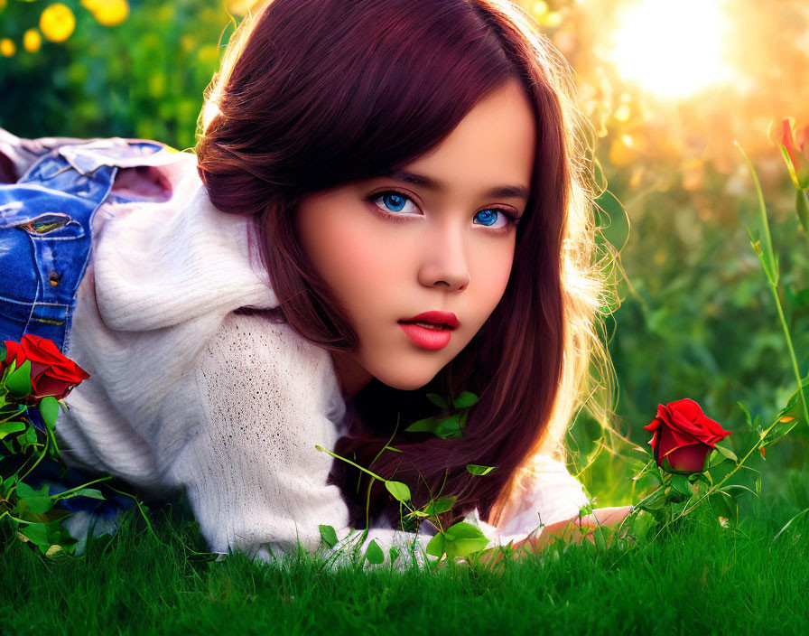 Digital portrait of girl with blue eyes lying on grass near red roses under sunlight